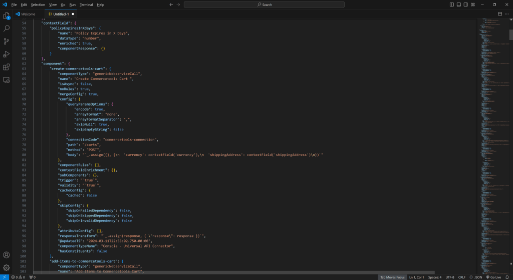 Visual Studio Code with Conscia DX Studio Environment JSON visible